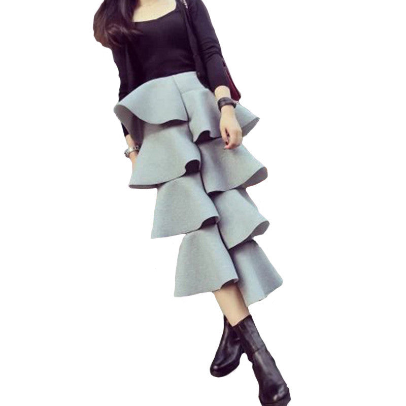 Online discount shop Australia - Cake Skirt Space Cotton Women Ruffles Maxi Dress Irregular Casual Solid Color Long Skirt