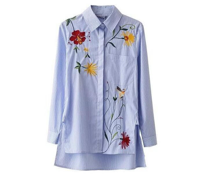 Women Embroidered Floral Striped Blouse OL Fashion Shirt High Asymmetric Length Tops
