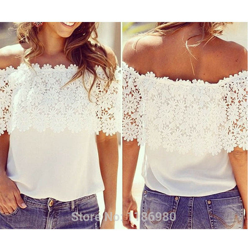 Women Blouse Shirt Off Shoulder Casual Tops Crochet Chiffon