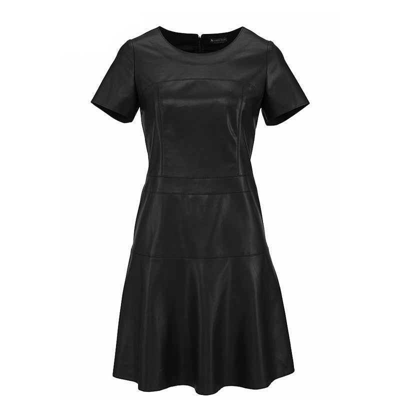 Women Fashion Leather Dress A-Line O-Neck Black Dress Casual Mini Dress Short Sleeve Autumn Vestidos PU Dress 2153