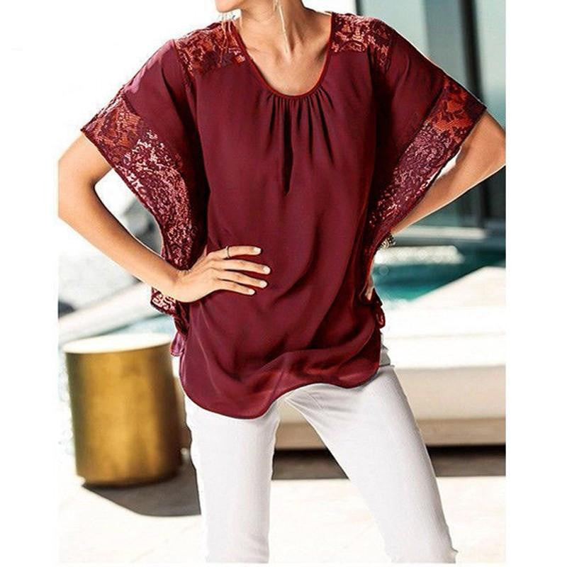 Elegant Lace Blouses Chiffon Women Shirts Casual Loose Batwing Sleeve Tops Plus Size