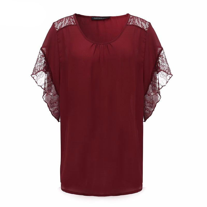 Elegant Lace Blouses Chiffon Women Shirts Casual Loose Batwing Sleeve Tops Plus Size