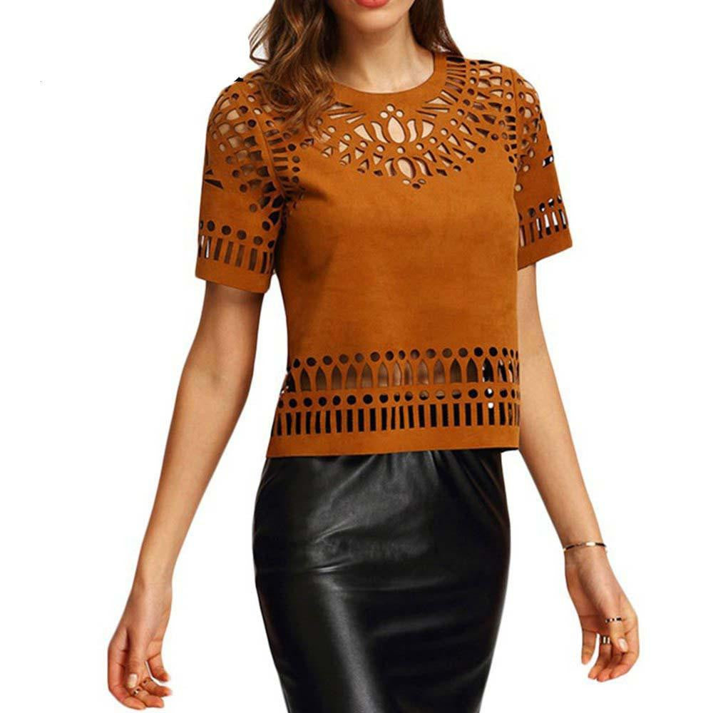 Women Ethnic Cut Out Faux Leather Suede Back Zipper Hollow Out Short Sleeve Tshirt Top Female