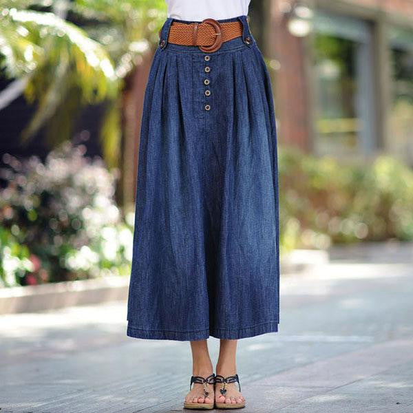 Women's casual wide flare skirt Lady's large size ankle length long denim skirt with belt