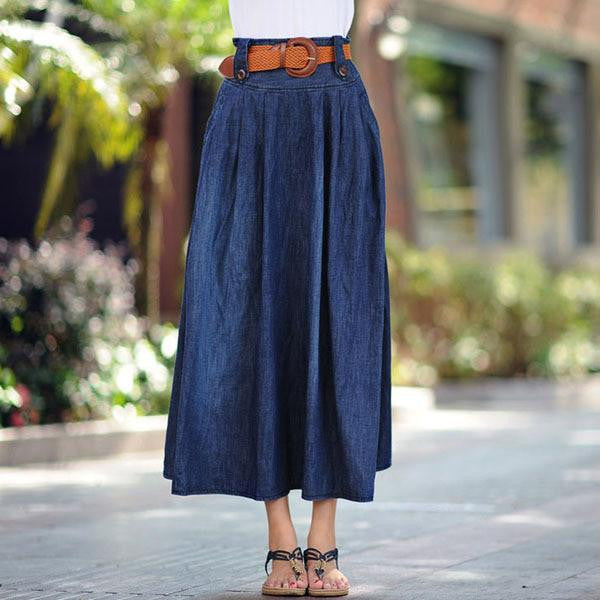 Women's casual wide flare skirt Lady's large size ankle length long denim skirt with belt