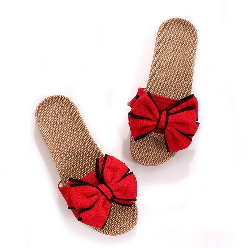 Women Summer Casual Slides Comfortable Flax Slippers Striped Bow Linen Flip Flops Platform Sandals Ladies Indoor Shoes