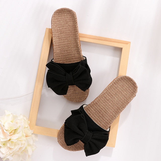 Women Summer Casual Slides Comfortable Flax Slippers Striped Bow Linen Flip Flops Platform Sandals Ladies Indoor Shoes