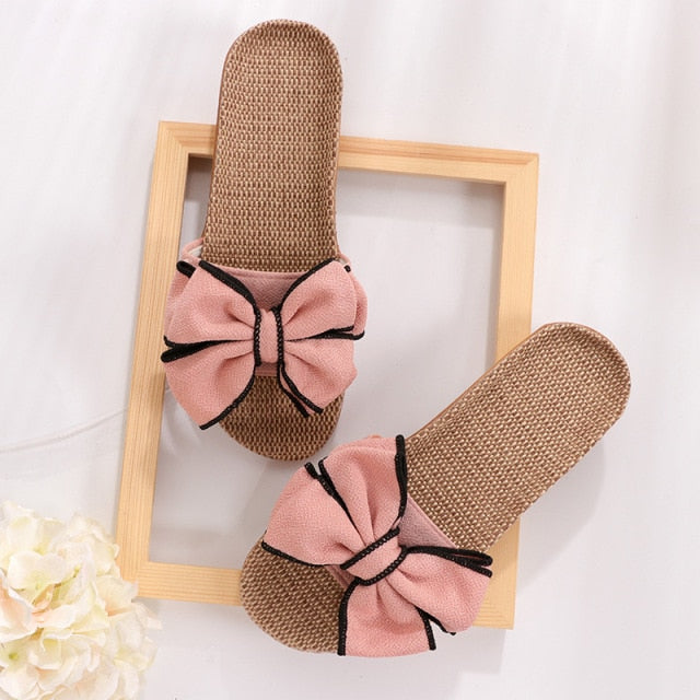 Women Summer Casual Slides Comfortable Flax Slippers Striped Bow Linen Flip Flops Platform Sandals Ladies Indoor Shoes