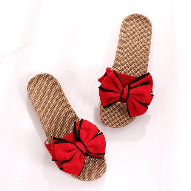 Women Summer Casual Slides Comfortable Flax Slippers Striped Bow Linen Flip Flops Platform Sandals Ladies Indoor Shoes