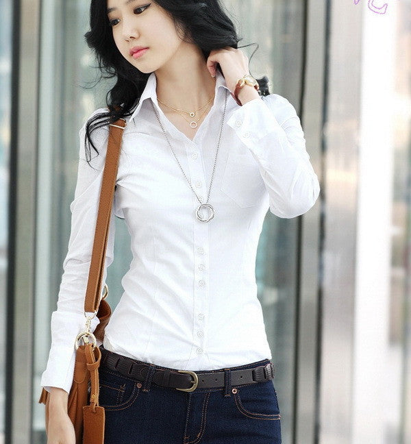 Office Ladies White Shirts Long Sleeve Casual Women Blouse Formal Slim Tops and Shirts