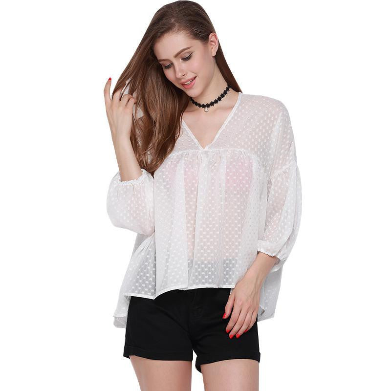 Women Fashion Deep V Neck Casual Loose Lantern Asymmetrical Sheer Mesh Dot Chiffon