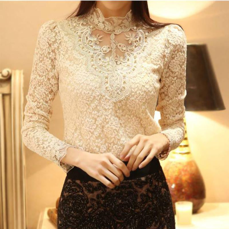 Women's Casual beading Long Sleeve Lace crochet Tops Shirt Blouse sheer turtleneck hollow out top