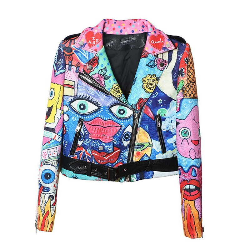 Plus size women street graffiti printing space cotton short jacket long sleeve slim harajuku cute lapel coat