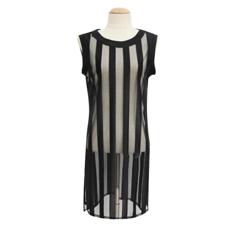 Online discount shop Australia - New  Style Sleeveless Mesh Sheer T Shirt Women Tops and Tees Long Striped Top Unique Casual All-Match Women's T-shi