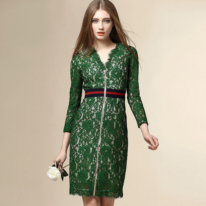 Online discount shop Australia - Fashion Runway Dress Women's Long Sleeve V-neck Front Zipper Green Lace Dress