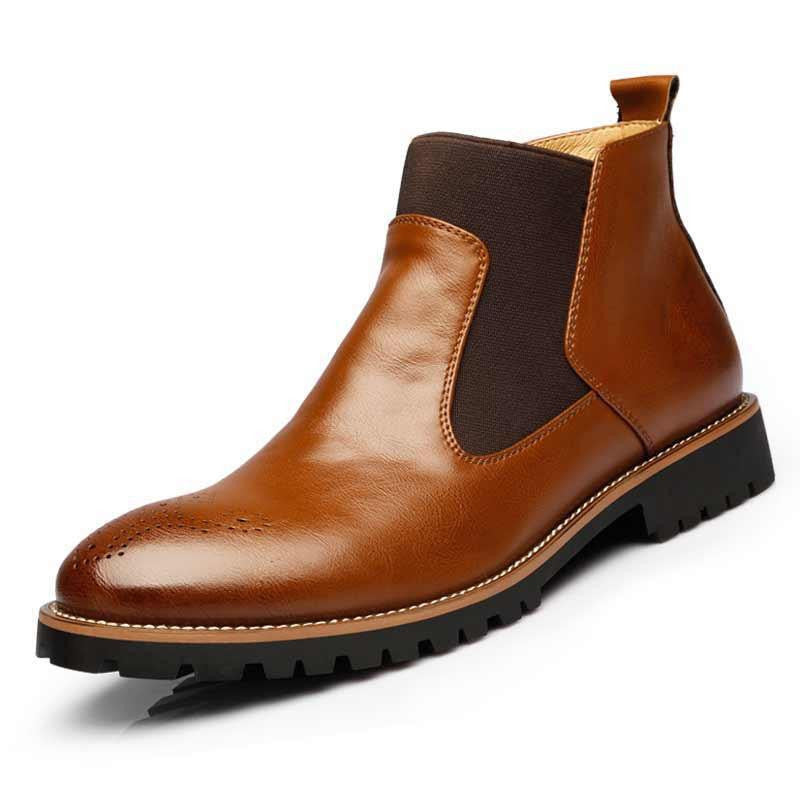 Warm Plush/Fall Single Chelsea Boots,Men's British Style Ankle Boots,Bullock Carved Leather With Fur Casual Shoes MRCCS
