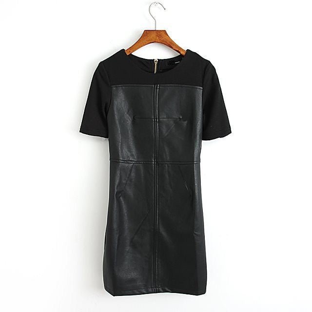 Online discount shop Australia - Elegant Slim Short Sleeve Women Summer Dress Black PU Leather Patchwork OL Work Pencil Dresses Back Zip Vestidos