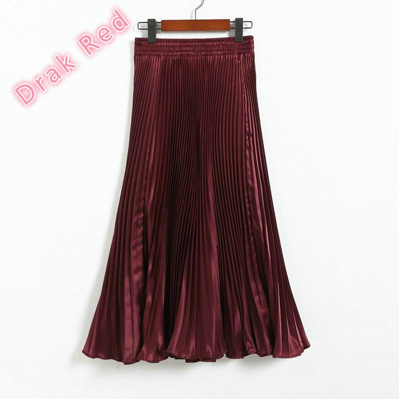 Online discount shop Australia - Elegant Metal Gloss Elastic Waist Pleated Smooth Bright Satin Ladies Maxi Long Tulle Women's Skirts