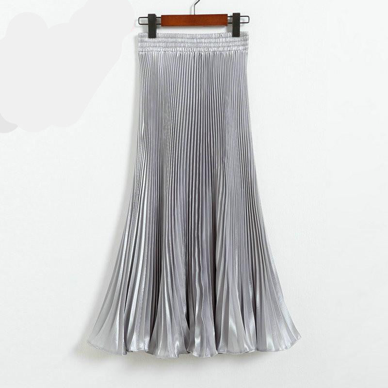 Online discount shop Australia - Elegant Metal Gloss Elastic Waist Pleated Smooth Bright Satin Ladies Maxi Long Tulle Women's Skirts