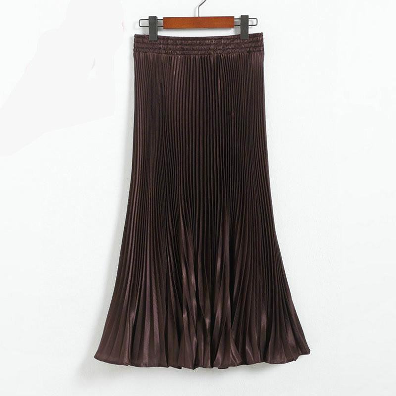 Online discount shop Australia - Elegant Metal Gloss Elastic Waist Pleated Smooth Bright Satin Ladies Maxi Long Tulle Women's Skirts