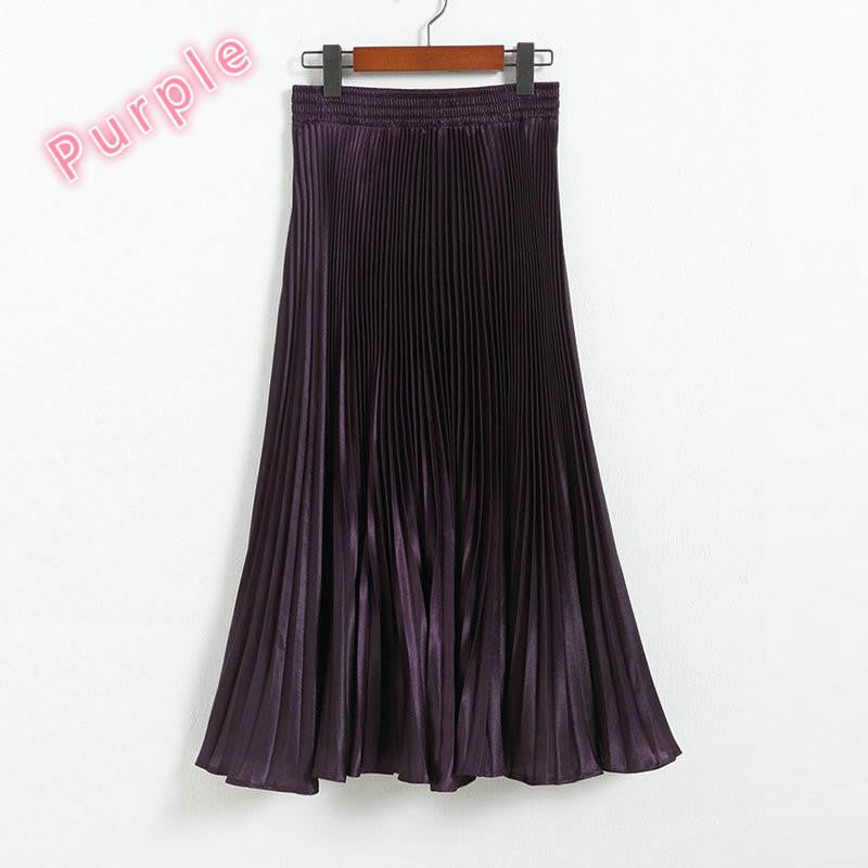 Online discount shop Australia - Elegant Metal Gloss Elastic Waist Pleated Smooth Bright Satin Ladies Maxi Long Tulle Women's Skirts