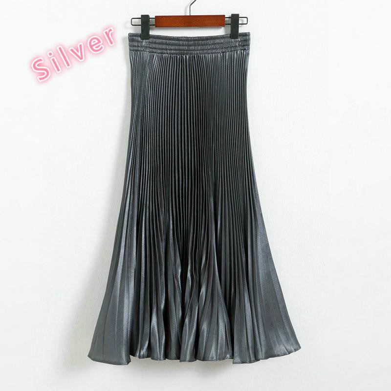 Online discount shop Australia - Elegant Metal Gloss Elastic Waist Pleated Smooth Bright Satin Ladies Maxi Long Tulle Women's Skirts