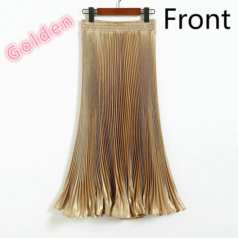 Online discount shop Australia - Elegant Metal Gloss Elastic Waist Pleated Smooth Bright Satin Ladies Maxi Long Tulle Women's Skirts