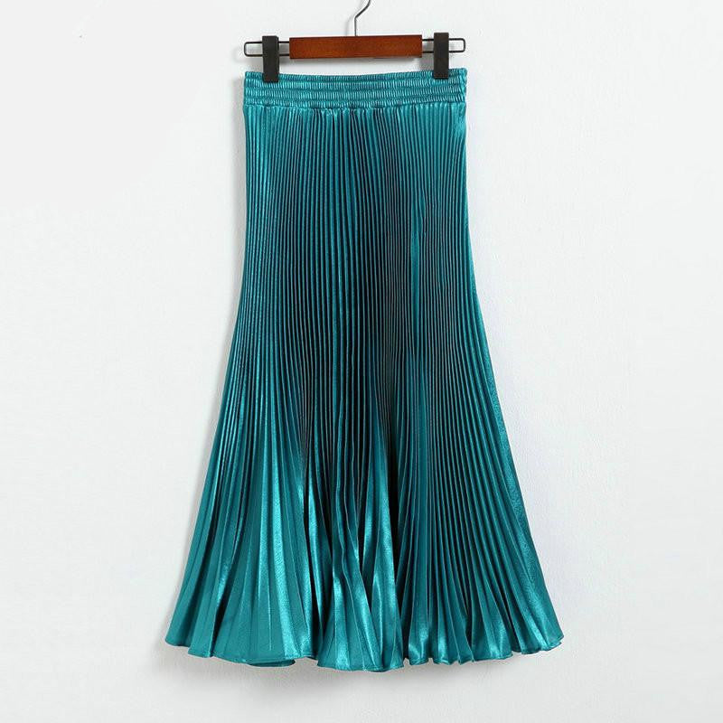 Online discount shop Australia - Elegant Metal Gloss Elastic Waist Pleated Smooth Bright Satin Ladies Maxi Long Tulle Women's Skirts