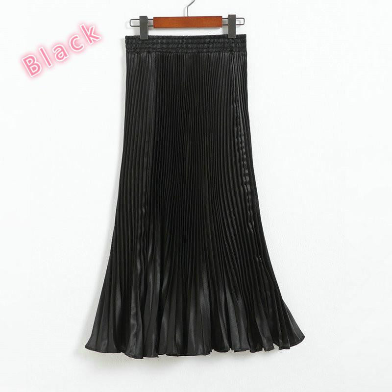 Online discount shop Australia - Elegant Metal Gloss Elastic Waist Pleated Smooth Bright Satin Ladies Maxi Long Tulle Women's Skirts