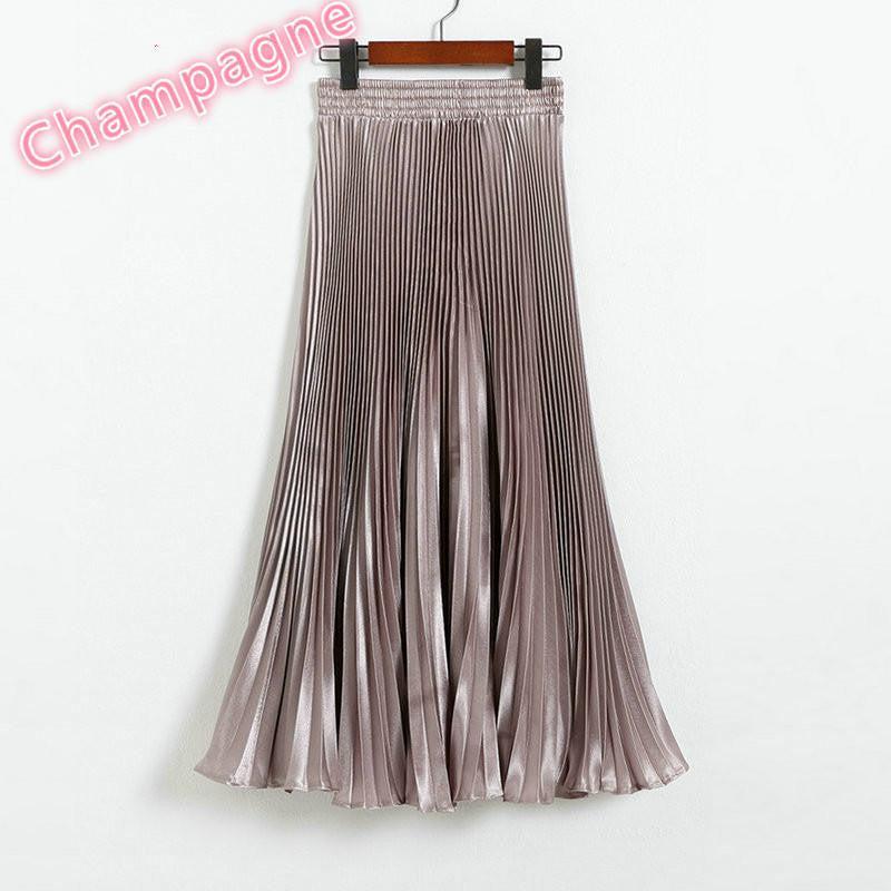 Online discount shop Australia - Elegant Metal Gloss Elastic Waist Pleated Smooth Bright Satin Ladies Maxi Long Tulle Women's Skirts