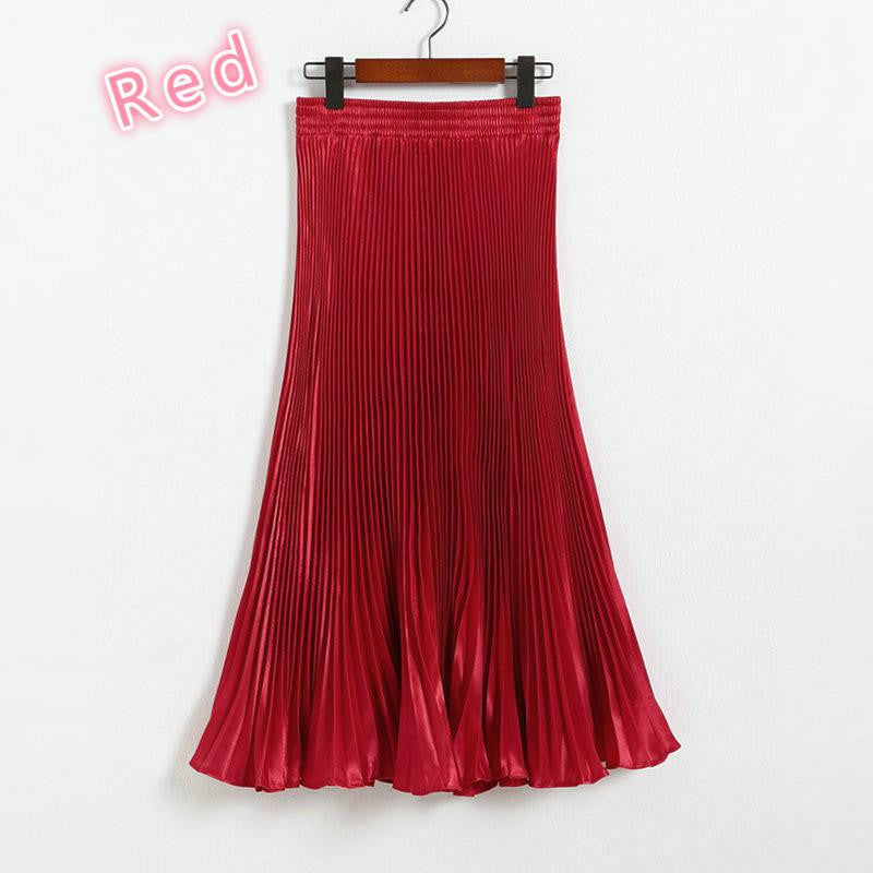 Online discount shop Australia - Elegant Metal Gloss Elastic Waist Pleated Smooth Bright Satin Ladies Maxi Long Tulle Women's Skirts