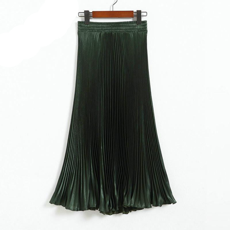 Online discount shop Australia - Elegant Metal Gloss Elastic Waist Pleated Smooth Bright Satin Ladies Maxi Long Tulle Women's Skirts