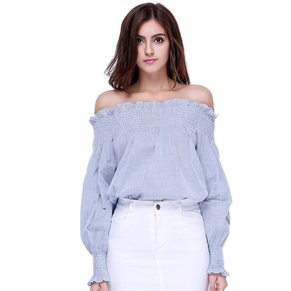 Online discount shop Australia - Glorria Women Girls Fashion Cotton Blue White Striped Tops Off the Shoulder Long Sleeve Shirts Loose Elastic Ruffle Blouses