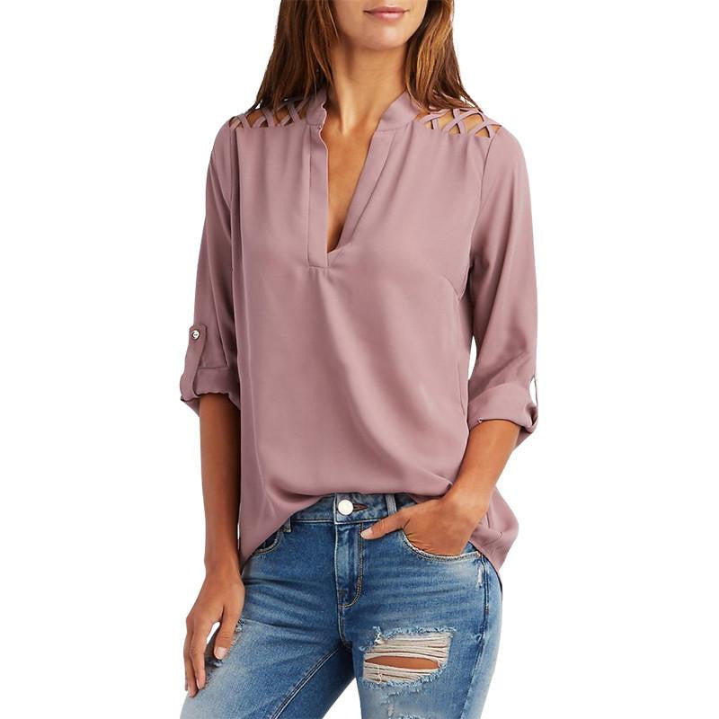 Women Blouses Open Shoulder Office Ladies Shirt Loose V Neck Casual Tops Plus Size Women Clothing LJ5437T