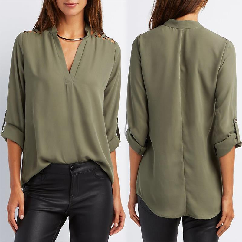 Women Blouses Open Shoulder Office Ladies Shirt Loose V Neck Casual Tops Plus Size Women Clothing LJ5437T