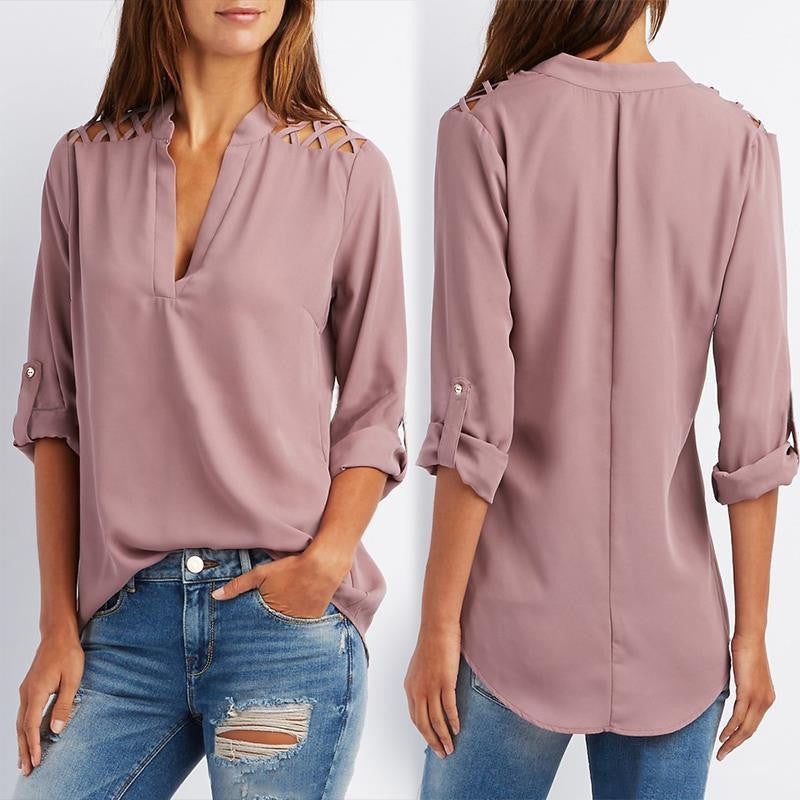 Women Blouses Open Shoulder Office Ladies Shirt Loose V Neck Casual Tops Plus Size Women Clothing LJ5437T