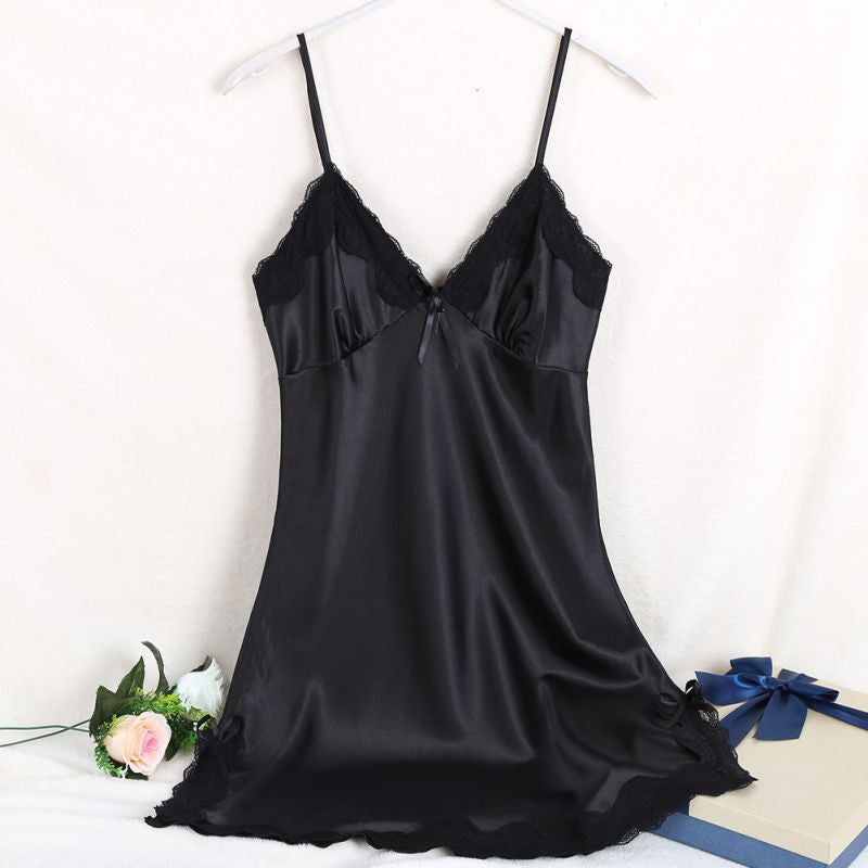 Online discount shop Australia - Ladies Sexy Silk Satin Night Dress Sleeveless V-neck Nightgown Lace Sleepwear For Women