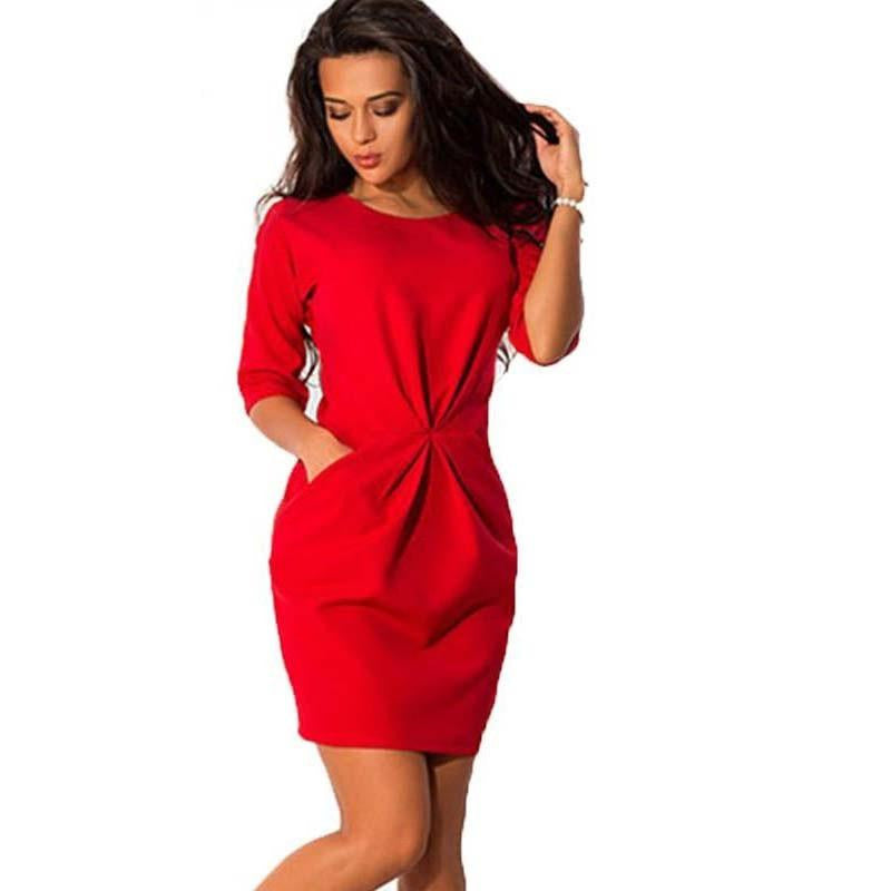 Women O-Neck Half Sleeved Silm Dress Bodycon Office Dress Autumn Red Blue Party Mini Dress Plus Size LJ7215E