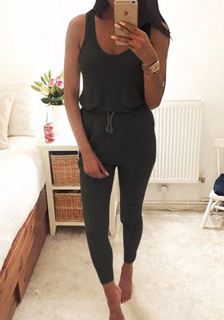 Online discount shop Australia - Kaywide New Low Cut Rompers Womens Jumpsuit Black Elastic Waist Sleeveless Long Pants Playsuit Strap Pocket Overalls