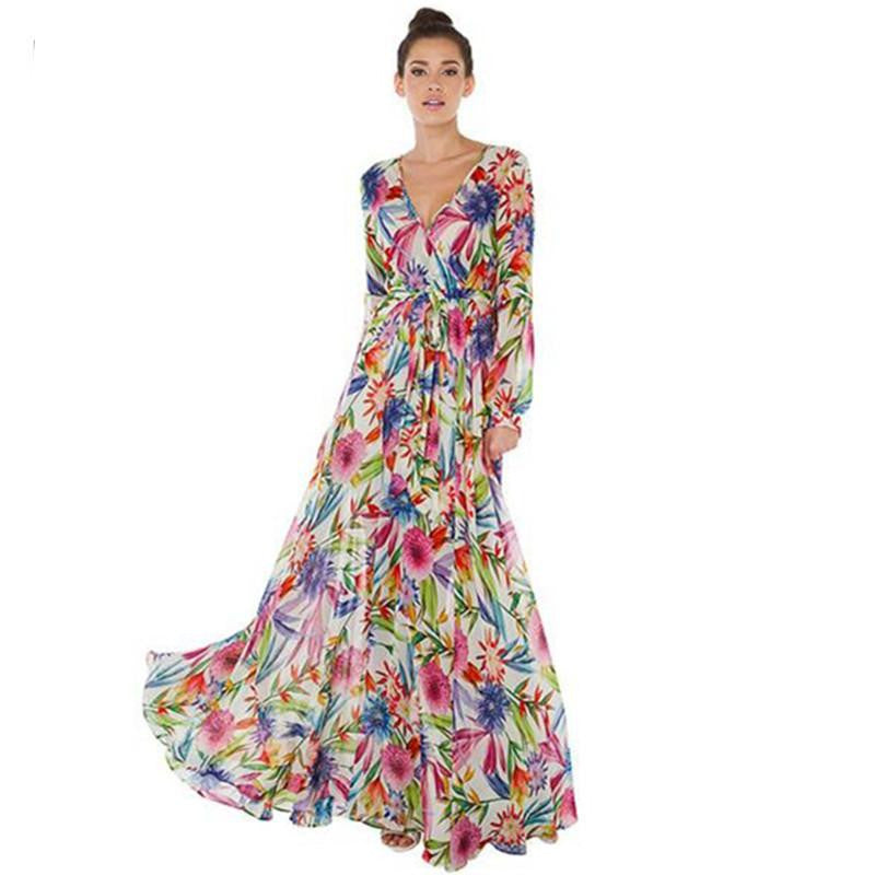 Tropical Floral Print Floor-Length Bohemian Dresses V Neck Slim Lantern Sleeve Beach Dress