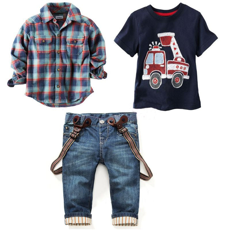 Online discount shop Australia - Children's clothing sets for Baby boy suit Long sleeve plaid shirts+car printing t-shirt+jeans 3pcs suit set F1802