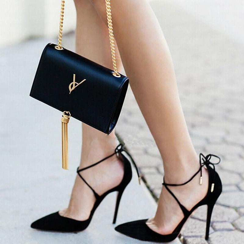 Style women's Lace Up high heels Pointed Toe Bandage Stiletto sandals celebrity ladies shoes Pumps Black 35-40