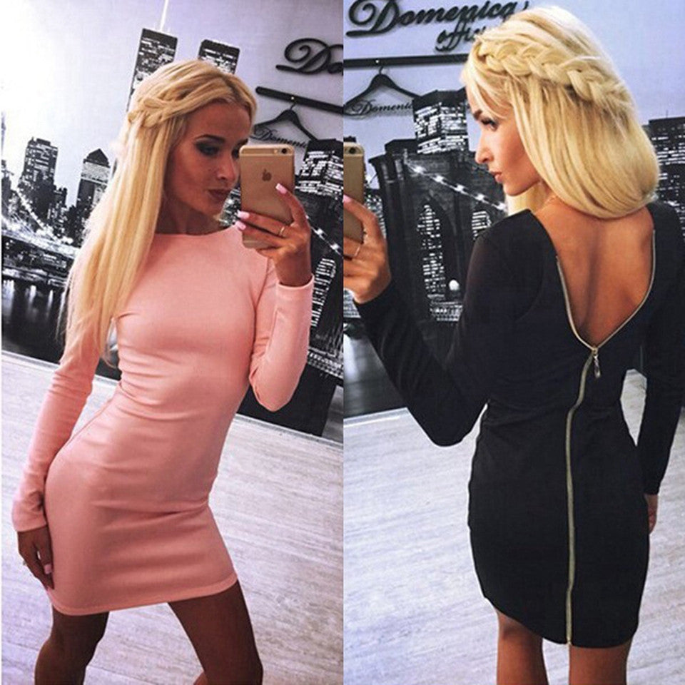 Online discount shop Australia - Fashion New Sexy Zipper Solid Autumn Winter Dress Women Long-Sleeved 0-Neck Slim Robe Sexy Casual Dress Female Vestidos