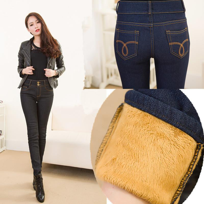 Women Jeans Warm Thicken Fleeces Two Button Pencil Pants Fashion Skinny Denim Trousers