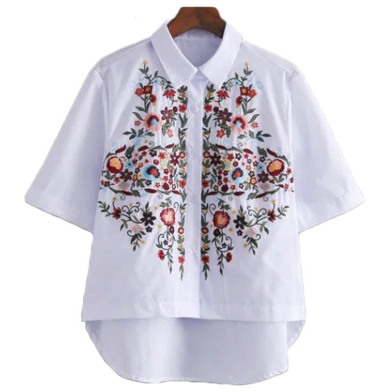Online discount shop Australia - Floral Embroidery Ladies Tops And Blouses White Short Sleeve Women Shirts Elegant Fashion Ladies Office Shirts