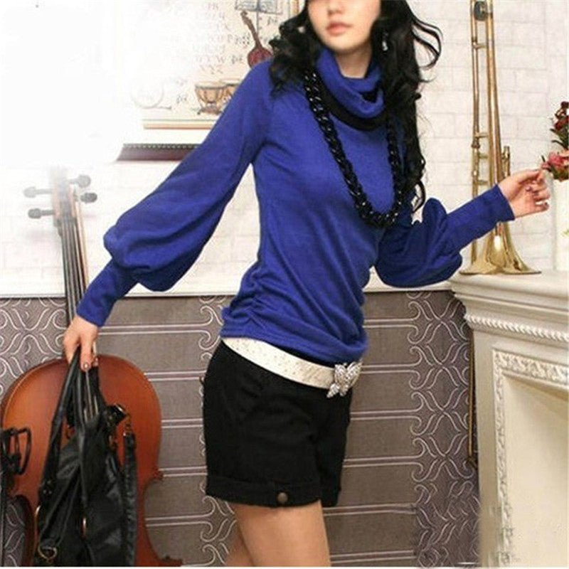 Women Stylish Cotton Blouses Long Lantern Sleeve High Collar Casual Slim Tops Shirts Plus Size S-3XL