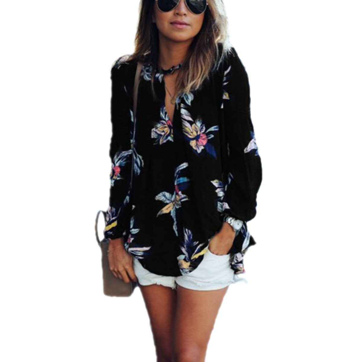 Women Floral Printing Blouse Style Ladies Long Sleeve V neck Loose Shirts Top S-3XL