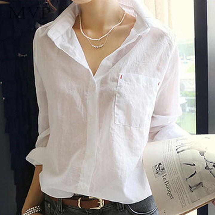 Women Shirts Blouses Female Shirt Turn Down Collar Long Sleeve Tops Casual Cotton Blouse White