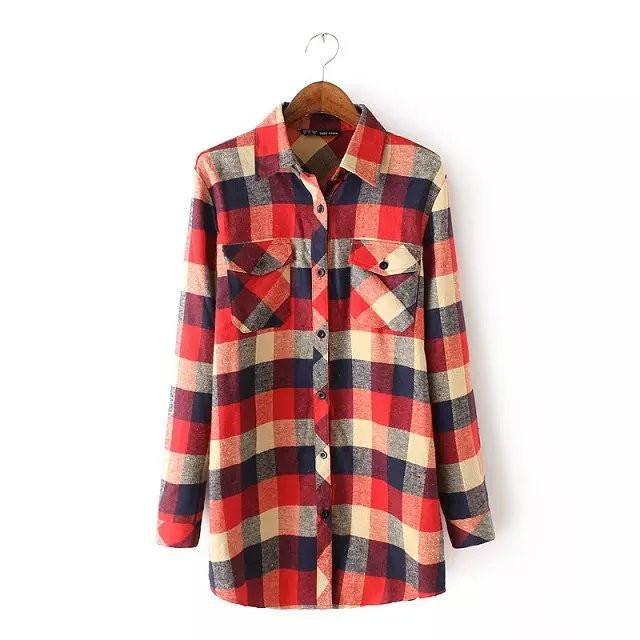 Women Vintage Long Sleeves Plaid Shirts Female Popular Casual Flannel Checked Blouses Tops