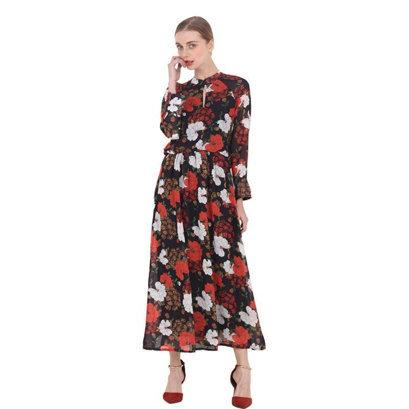 women red Floral print Chiffon dress long sleeved maxi dress